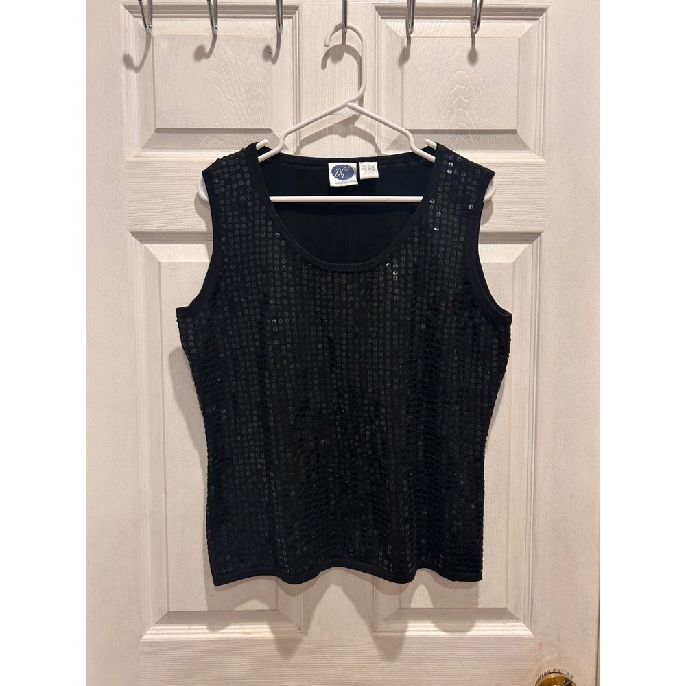 DG2 by Diane Gilman Women's Sequin Front Combo Easy‎ Tank Black Sz Large Shell